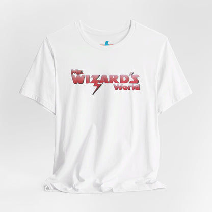 A purple Mr. Wizard's World T-shirt from Printify, featuring bold gradient red and white text with a lightning bolt through the letter "A" in "Wizard." Ideal for science enthusiasts and fans of the iconic 1980s Nickelodeon show, this unisex jersey short sleeve tee is displayed against a plain white background.