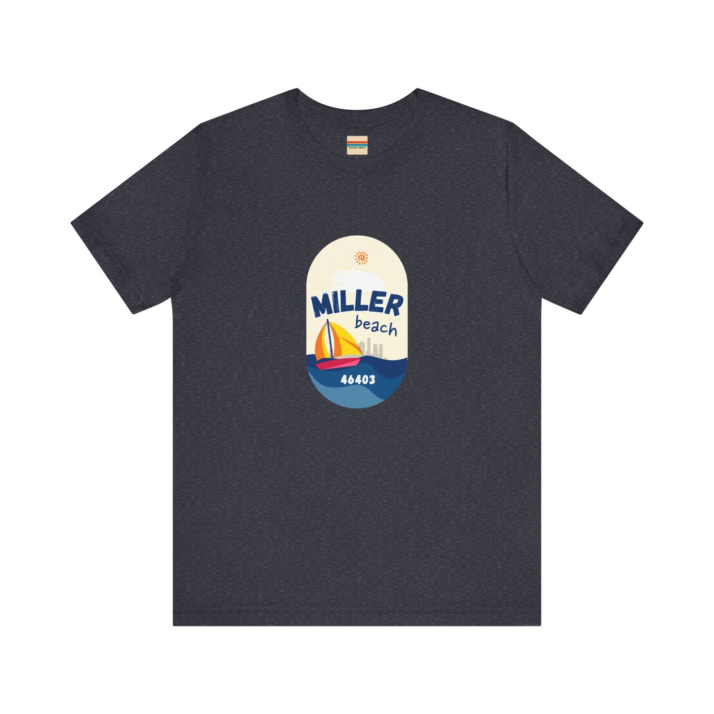 The Miller Beach Sailboat - Unisex Jersey Short Sleeve Tee by Printify features a vibrant graphic design portraying a sailboat on water with a sun above it and the text "MILLER beach 46403." This white retail fit shirt is crafted from soft Airlume combed cotton and showcases rounded graphics in blue, orange, and yellow.