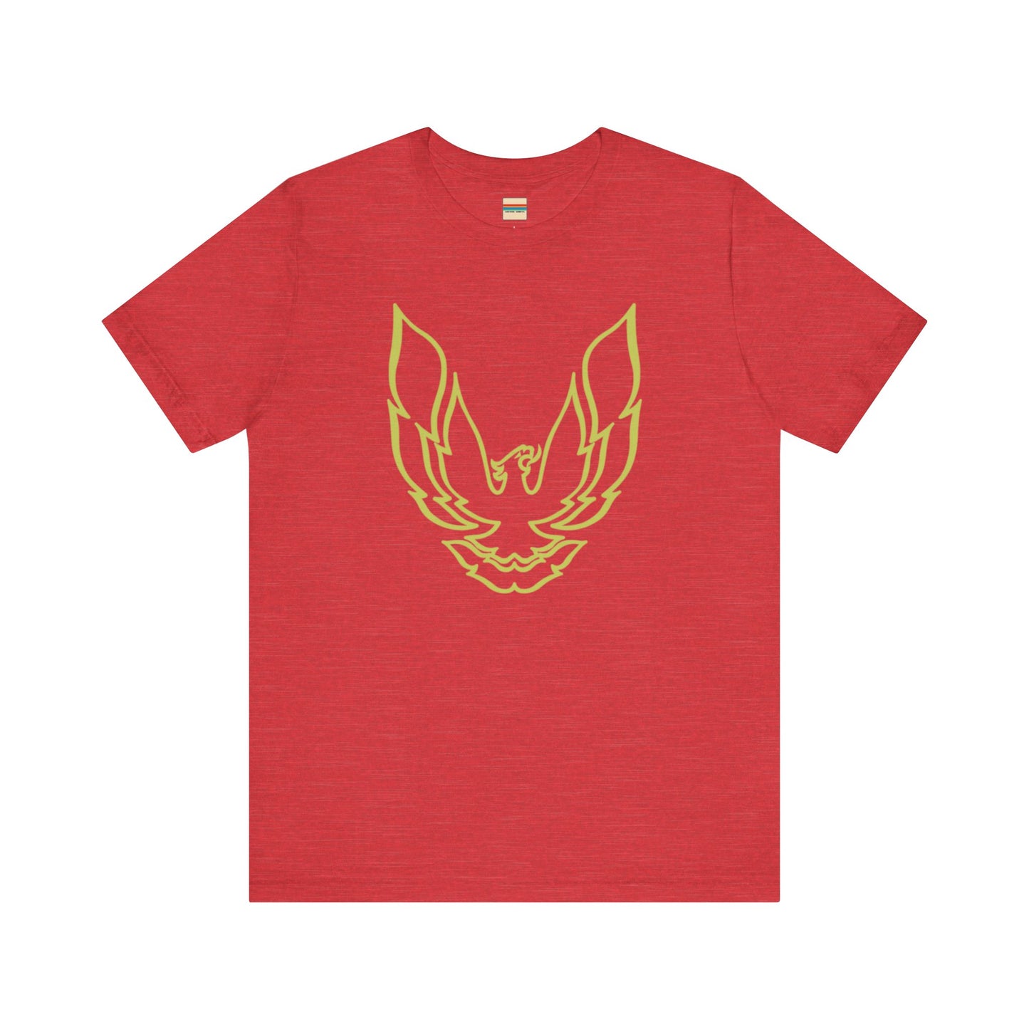 The Pontiac Trans Am Phoenix Shirt - Unisex Jersey Short Sleeve Tee by Printify is a classic black T-shirt that showcases a stylized yellow phoenix design on the front, reminiscent of the iconic Pontiac Trans Am. The shirt is displayed laid flat against a white background.