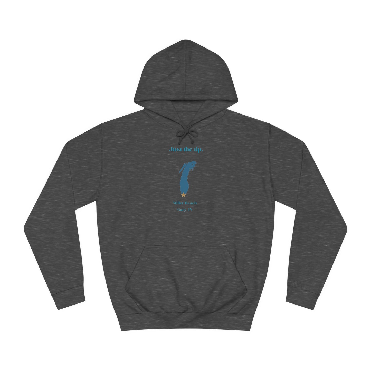 The Just the Tips - Miller Beach Unisex College Hoodie by Printify features a premium tri-blend fabric in dark green, showcasing a minimalist blue outline of a lake with the text "Just the Tip. White Bear Lake, Minn., IN" above it. With its front pocket and drawstring hood, it's an ideal choice for casual strolls at Miller Beach.