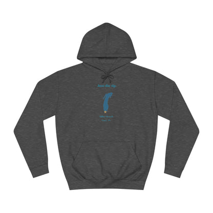 The Just the Tips - Miller Beach Unisex College Hoodie by Printify features a premium tri-blend fabric in dark green, showcasing a minimalist blue outline of a lake with the text "Just the Tip. White Bear Lake, Minn., IN" above it. With its front pocket and drawstring hood, it's an ideal choice for casual strolls at Miller Beach.