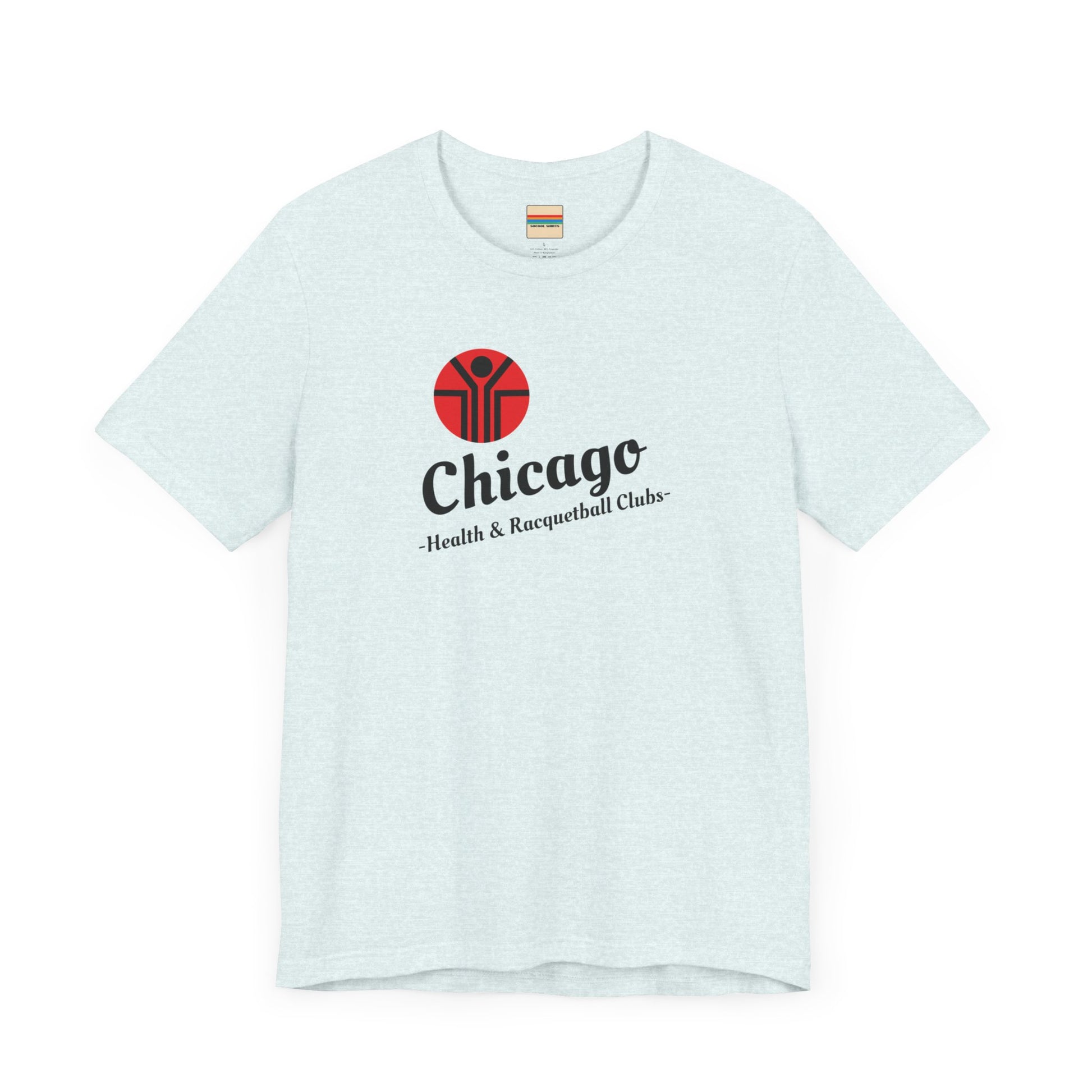 Two gray T-shirts are neatly folded on top of each other, with the top shirt showcasing the text "Chicago Health & Racquetball Clubs" in black below a red logo featuring a person with raised arms inside a circular design. This retro-inspired tee, named "Chicago Health Clubs 1980s Retro - Unisex Jersey Short Sleeve Tee" by Printify, is perfect for any fan of Chicago Health Clubs.