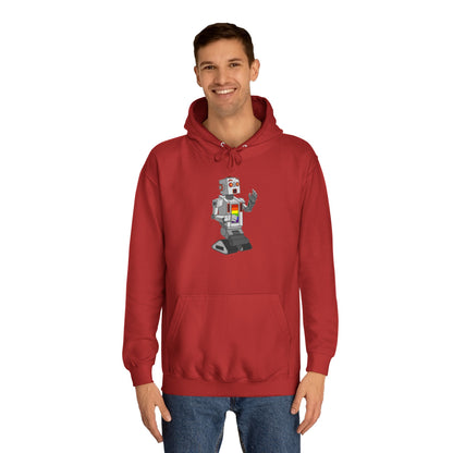 The Gay Robot - Unisex College Hoodie by Printify features a whimsical illustration of a nostalgic robot holding a smartphone. Inspired by Nick Swardson's comedic characters, the robot is grey with red and yellow highlights, balancing on one leg in its striking red design.