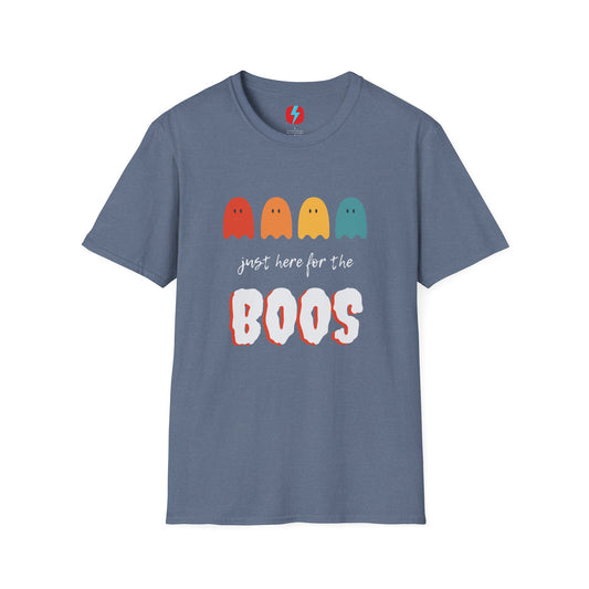 The "Just Here for the Boos - Halloween - Unisex Softstyle T-Shirt" by Printify is a blue, unisex tee with a playful Halloween theme. It features four ghost icons in red, orange, yellow, and green, followed by the text "just here for the BOOS" with "BOOS" styled in a bold and spooky font. Perfect for embracing the spooky season!