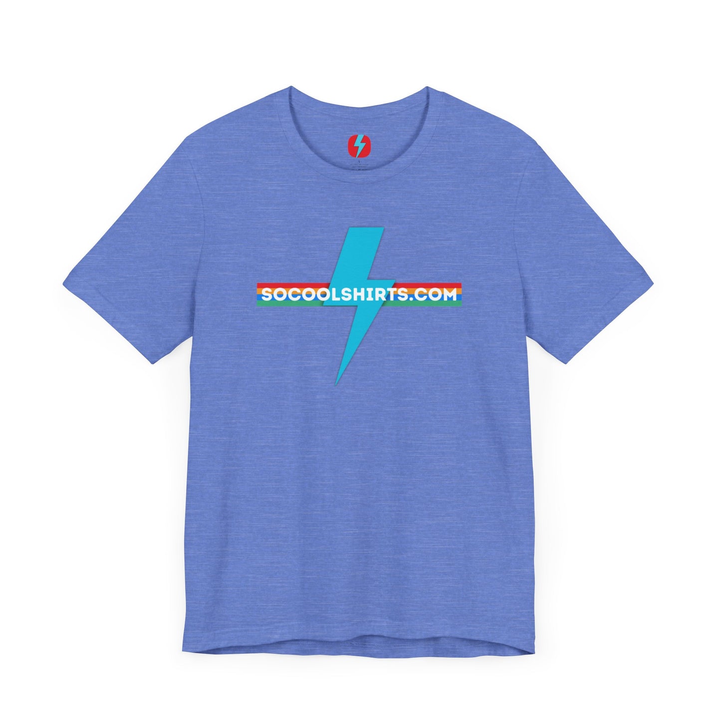 This unisex jersey short sleeve tee by Printify features a striking maroon color with a central light blue lightning bolt design. The text "SOCOOLSHIRTS.COM" is prominently displayed across the lightning bolt in white letters, set against a multicolored background that exudes retro vibes. The shirt is shown laid flat on a white backdrop.