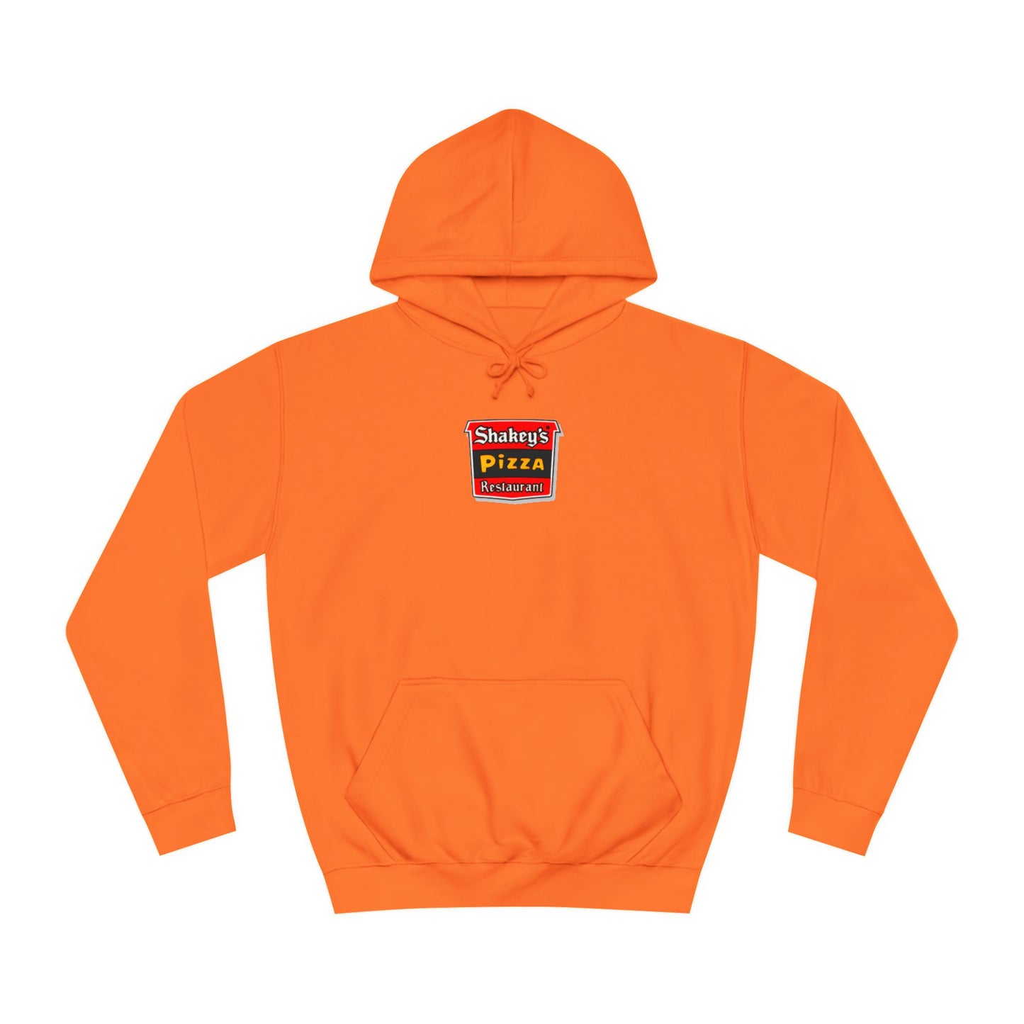 The Shakey's Pizza - 1980s Retro - Unisex Hoodie by Printify showcases a retro-style colorful logo on the front, highlighted with "Shakey's Pizza Restaurant" in bold white lettering against a striking red and black background, offering a vintage feel.