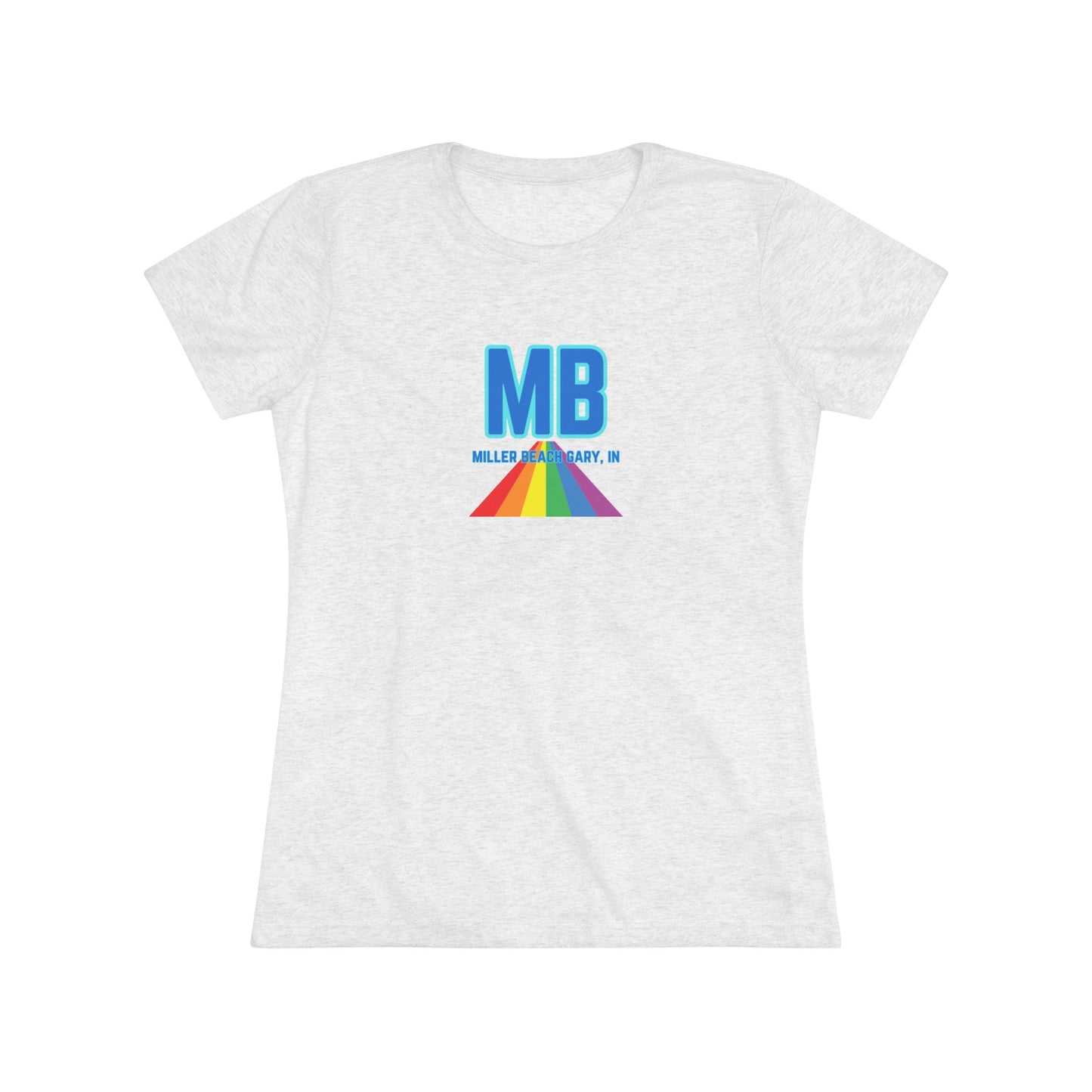 The Miller Beach Pride - Women's Triblend Tee by Printify is a dark gray, cozy t-shirt with a vintage look, featuring the text "MB" in large blue letters at the center. Below the letters, there is a rainbow-colored triangular design with "Millions & Binary, Inc." written in smaller text under the rainbow triangle.