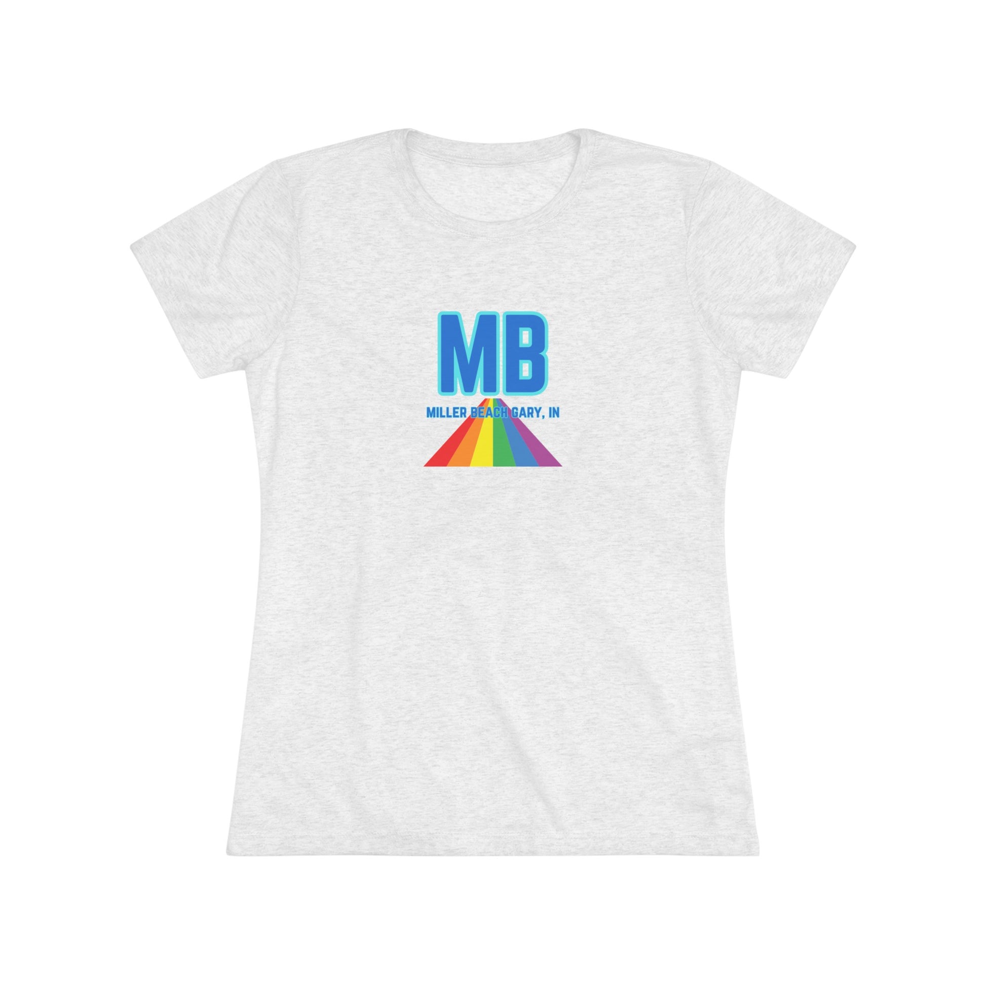 The Miller Beach Pride - Women's Triblend Tee by Printify is a dark gray, cozy t-shirt with a vintage look, featuring the text "MB" in large blue letters at the center. Below the letters, there is a rainbow-colored triangular design with "Millions & Binary, Inc." written in smaller text under the rainbow triangle.