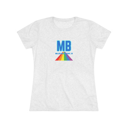 The Miller Beach Pride - Women's Triblend Tee by Printify is a dark gray, cozy t-shirt with a vintage look, featuring the text "MB" in large blue letters at the center. Below the letters, there is a rainbow-colored triangular design with "Millions & Binary, Inc." written in smaller text under the rainbow triangle.