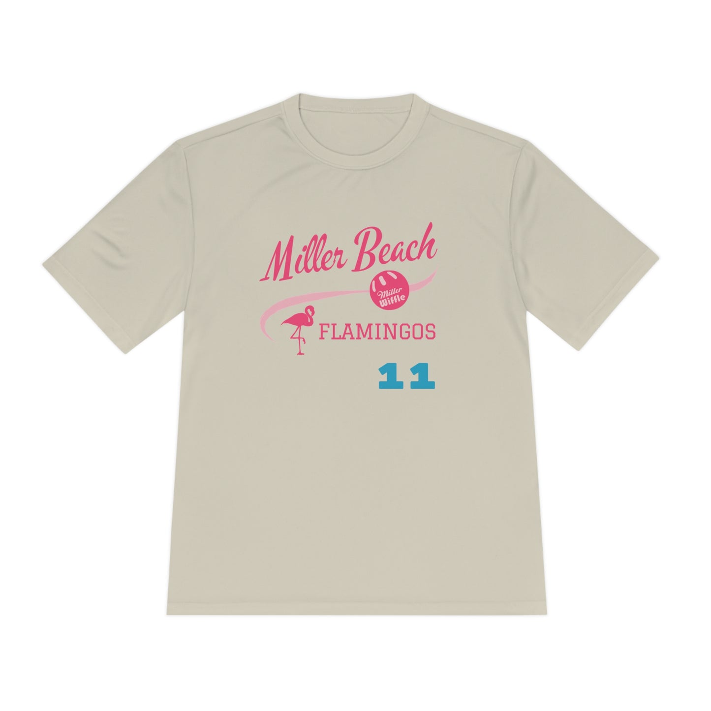 The Miller Beach Flamingos - Poncin 11 Unisex Moisture Wicking Tee by Printify features a beige shirt with "Miller Beach" in pink script, accompanied by a small illustration of a flamingo and volleyball. Below this design, the word "FLAMINGOS" is displayed in pink, with the number "11" appearing in blue near the bottom. Made from Sport-Tek PosiCharge Competitor Tee fabric, this custom moisture-wicking shirt ensures you stay cool and stylish.