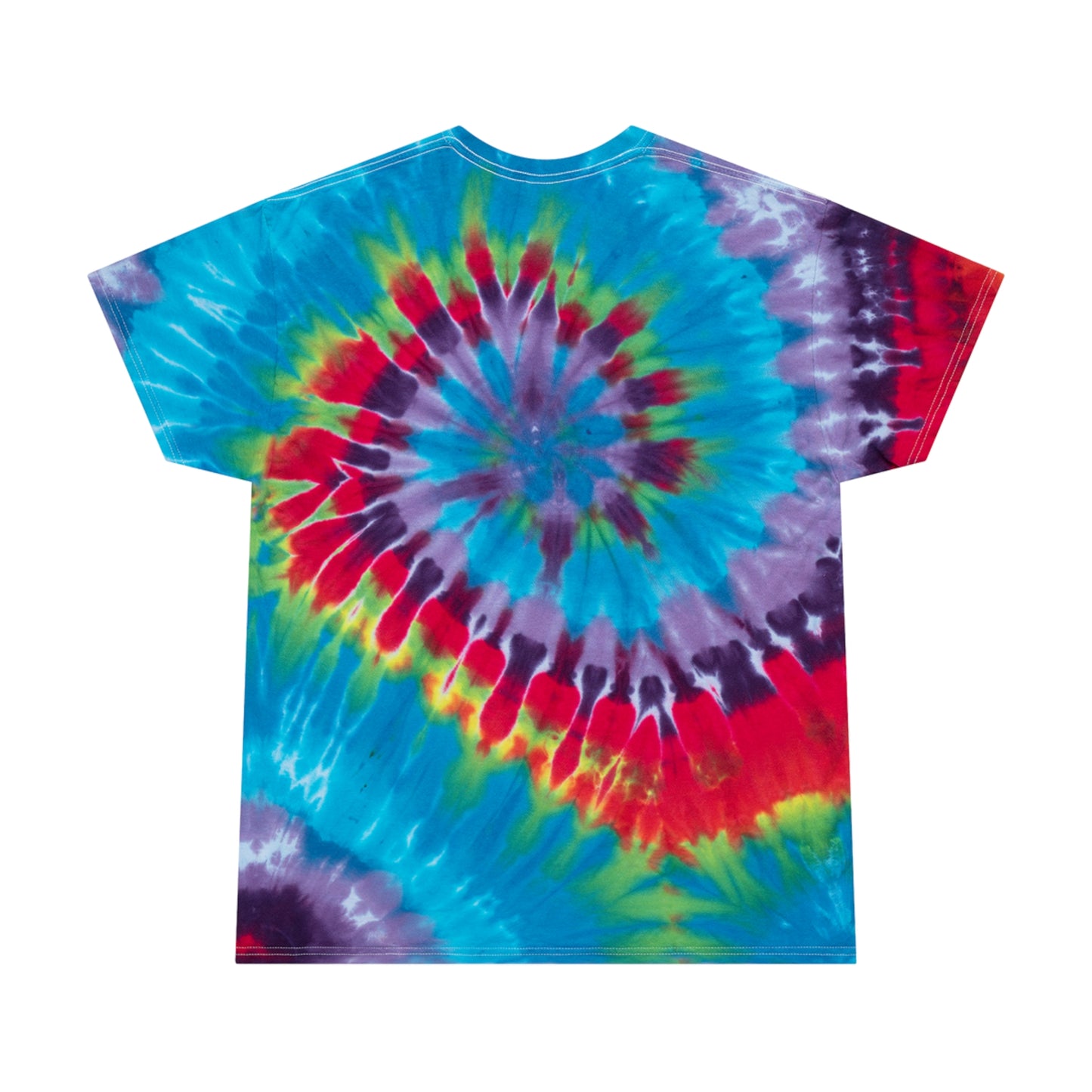 Introducing the Miller Wiffel Ball Stealy - Tie-Dye Tee, Spiral - Unisex by Printify. This vibrant tie-dye t-shirt features a swirl of blue, green, red, yellow, and purple colors in a classic spiral pattern. Made from 100% pre-shrunk cotton, it boasts a striking graphic at the center: a white skull wearing a baseball hat with the text "Miller Wiffle" on a red and blue background.