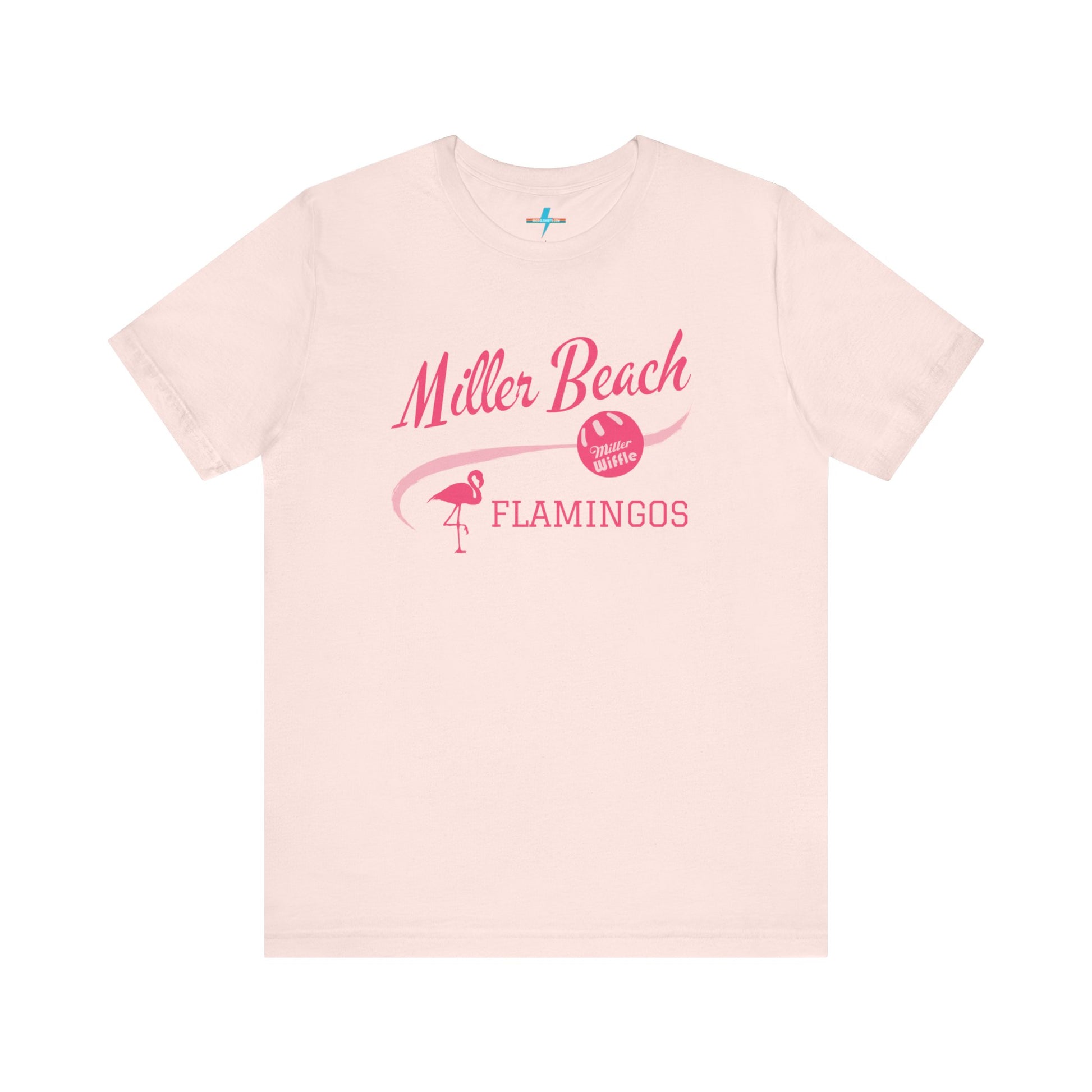 Printify offers the Miller Beach Flamingos WWBC - Unisex Jersey Short Sleeve Tee, featuring a light pink T-Shirt adorned with "Miller Beach Flamingos" and a volleyball graphic in pink. This design also includes an illustration of a flamingo, celebrating their participation in the World Wiffel Ball Championship. The shirt is showcased against a minimalist, white backdrop.