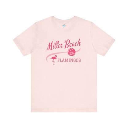 Printify offers the Miller Beach Flamingos WWBC - Unisex Jersey Short Sleeve Tee, featuring a light pink T-Shirt adorned with "Miller Beach Flamingos" and a volleyball graphic in pink. This design also includes an illustration of a flamingo, celebrating their participation in the World Wiffel Ball Championship. The shirt is showcased against a minimalist, white backdrop.