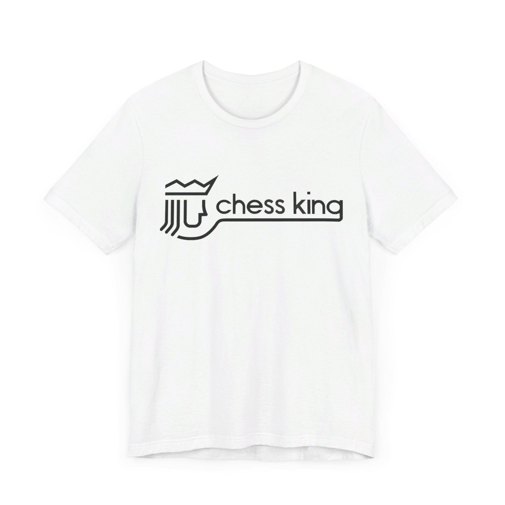 A unisex jersey short sleeve tee from Printify, featuring the Chess King 1980's Clothing Store Logo with a black, stylized king chess piece and the words "Chess King" on a blue background, reminiscent of retro 80s fashion.