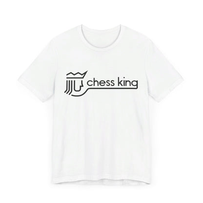 A unisex jersey short sleeve tee from Printify, featuring the Chess King 1980's Clothing Store Logo with a black, stylized king chess piece and the words "Chess King" on a blue background, reminiscent of retro 80s fashion.