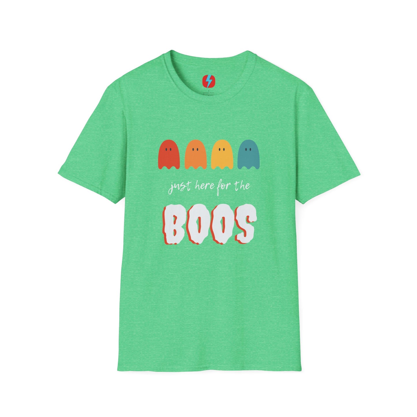 The "Just Here for the Boos - Halloween - Unisex Softstyle T-Shirt" by Printify is a blue, unisex tee with a playful Halloween theme. It features four ghost icons in red, orange, yellow, and green, followed by the text "just here for the BOOS" with "BOOS" styled in a bold and spooky font. Perfect for embracing the spooky season!