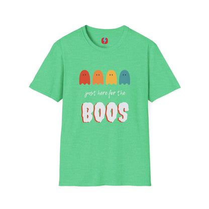 The "Just Here for the Boos - Halloween - Unisex Softstyle T-Shirt" by Printify is a blue, unisex tee with a playful Halloween theme. It features four ghost icons in red, orange, yellow, and green, followed by the text "just here for the BOOS" with "BOOS" styled in a bold and spooky font. Perfect for embracing the spooky season!