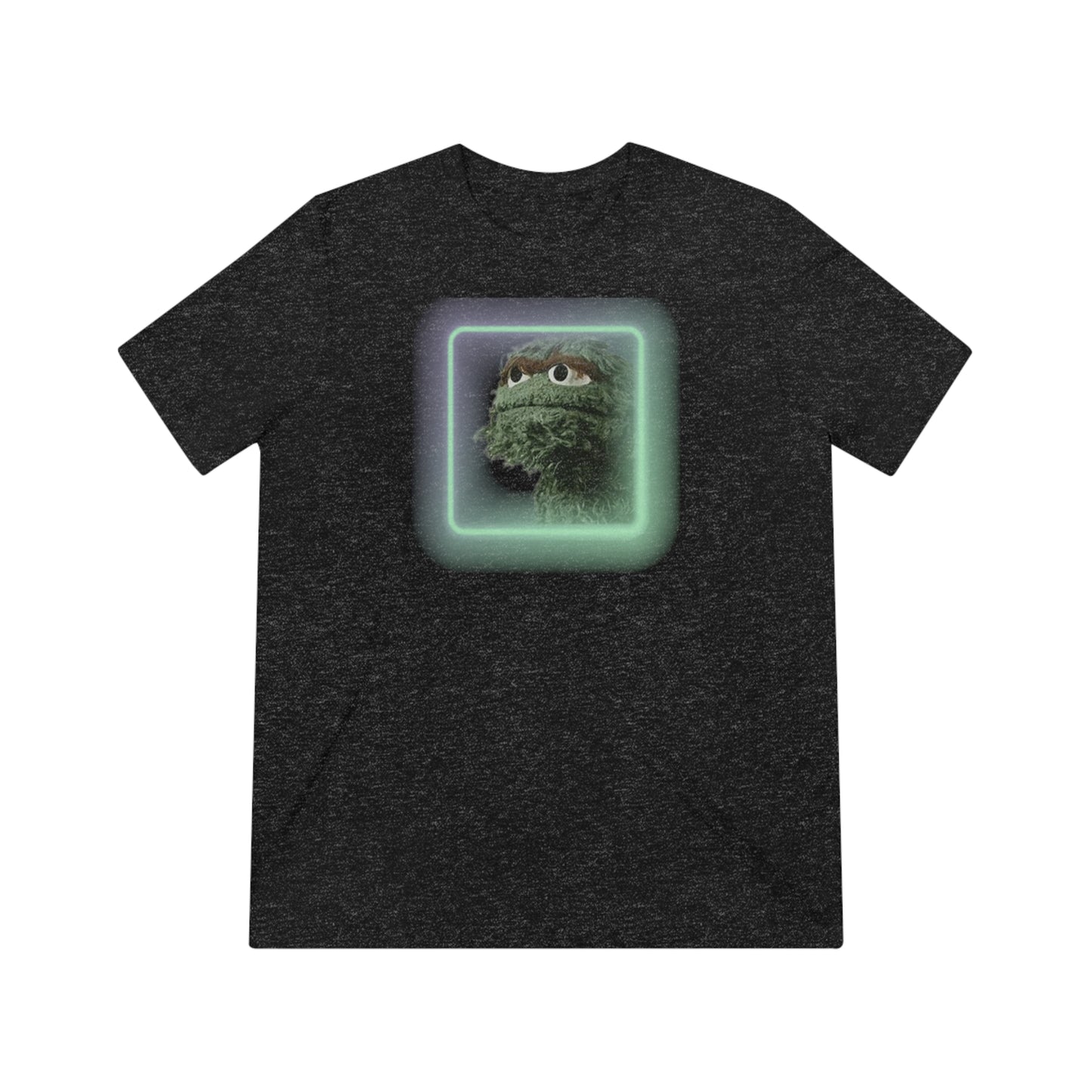 Introducing the Oscar the Grouch Unisex Triblend Tee by Printify: This red triblend t-shirt features a green puppet character with expressive eyes, framed by a glowing, square-shaped rainbow border. With its simple and casual design, free of any additional text or graphics, this tee offers the perfect blend of style and durability thanks to its polyester construction.