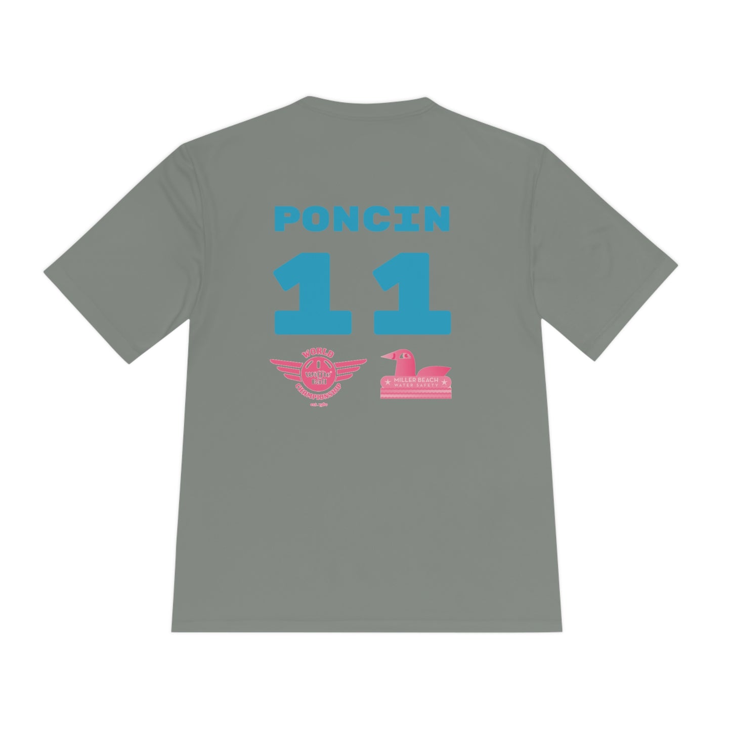 The Miller Beach Flamingos - Poncin 11 Unisex Moisture Wicking Tee by Printify features a beige shirt with "Miller Beach" in pink script, accompanied by a small illustration of a flamingo and volleyball. Below this design, the word "FLAMINGOS" is displayed in pink, with the number "11" appearing in blue near the bottom. Made from Sport-Tek PosiCharge Competitor Tee fabric, this custom moisture-wicking shirt ensures you stay cool and stylish.