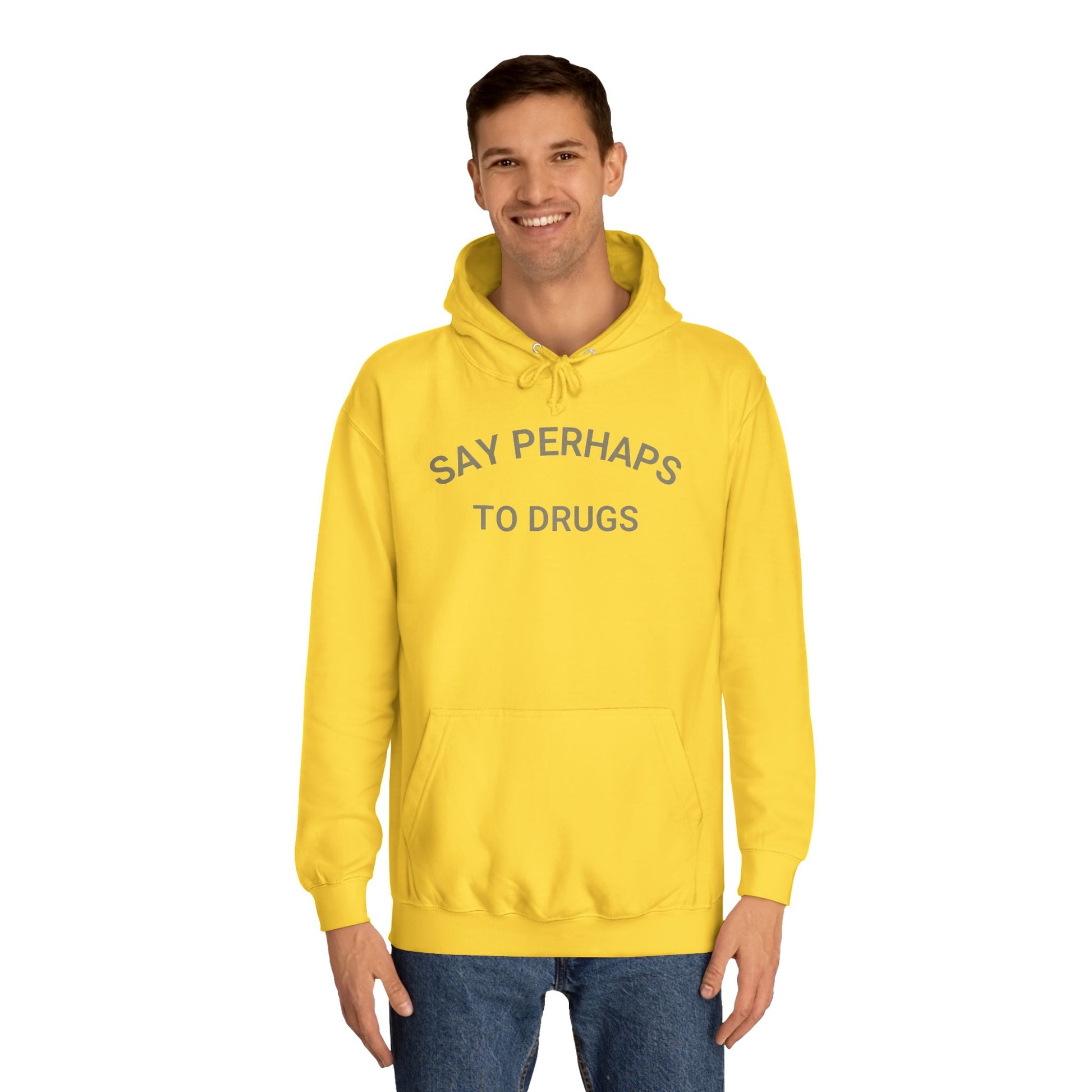 The "Say Perhaps to Drugs - Unisex College Hoodie" by Printify is a maroon hoodie made from soft Airlume cotton. It showcases the phrase "SAY PERHAPS TO DRUGS" in gray across the chest, and features a collegiate design with a front pocket and drawstring hood for enhanced comfort and style.