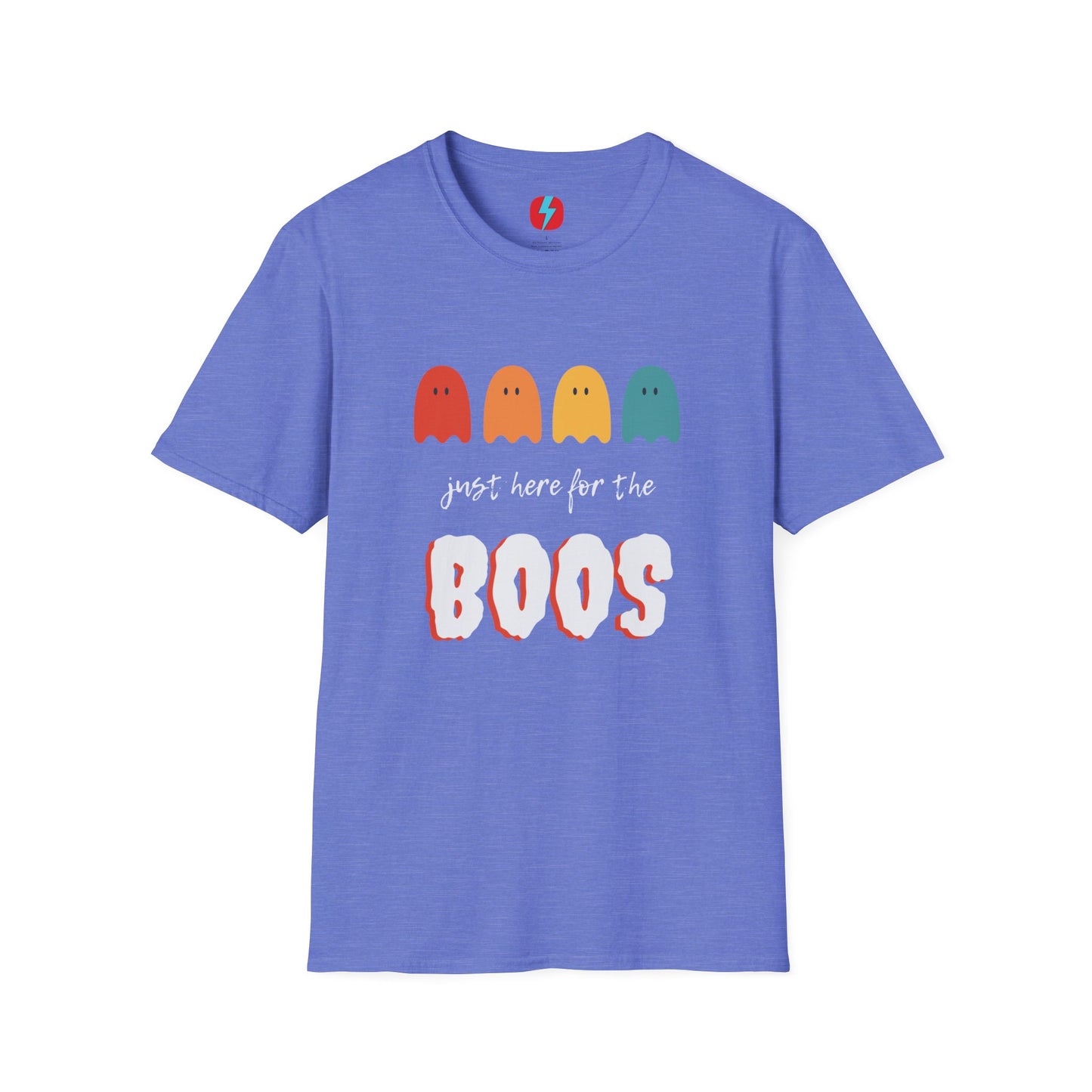 The "Just Here for the Boos - Halloween - Unisex Softstyle T-Shirt" by Printify is a blue, unisex tee with a playful Halloween theme. It features four ghost icons in red, orange, yellow, and green, followed by the text "just here for the BOOS" with "BOOS" styled in a bold and spooky font. Perfect for embracing the spooky season!