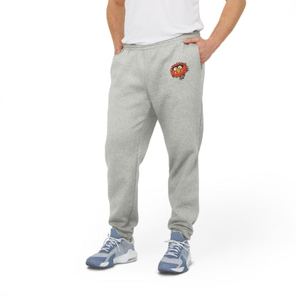 These unisex fleece joggers from Printify, named "Animal - The Muppets - Adidas," showcase a grey design with an Adidas logo on the left thigh and a cartoon bird emblem on the right. Crafted from BCI cotton and recycled polyester, they feature elastic cuffs and a waistband for enhanced comfort.