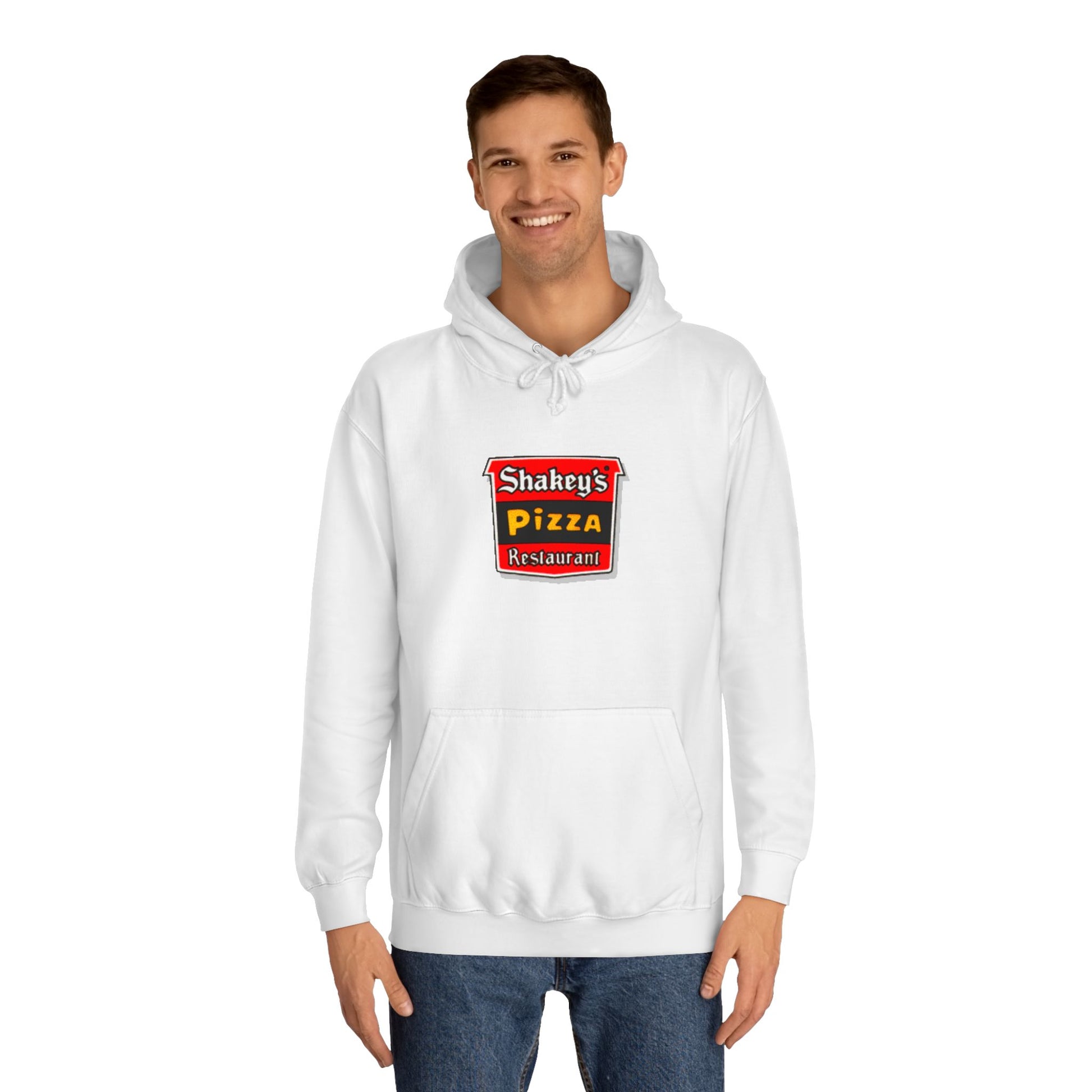 The Shakey's Pizza - 1980s Retro - Unisex Hoodie by Printify showcases a retro-style colorful logo on the front, highlighted with "Shakey's Pizza Restaurant" in bold white lettering against a striking red and black background, offering a vintage feel.