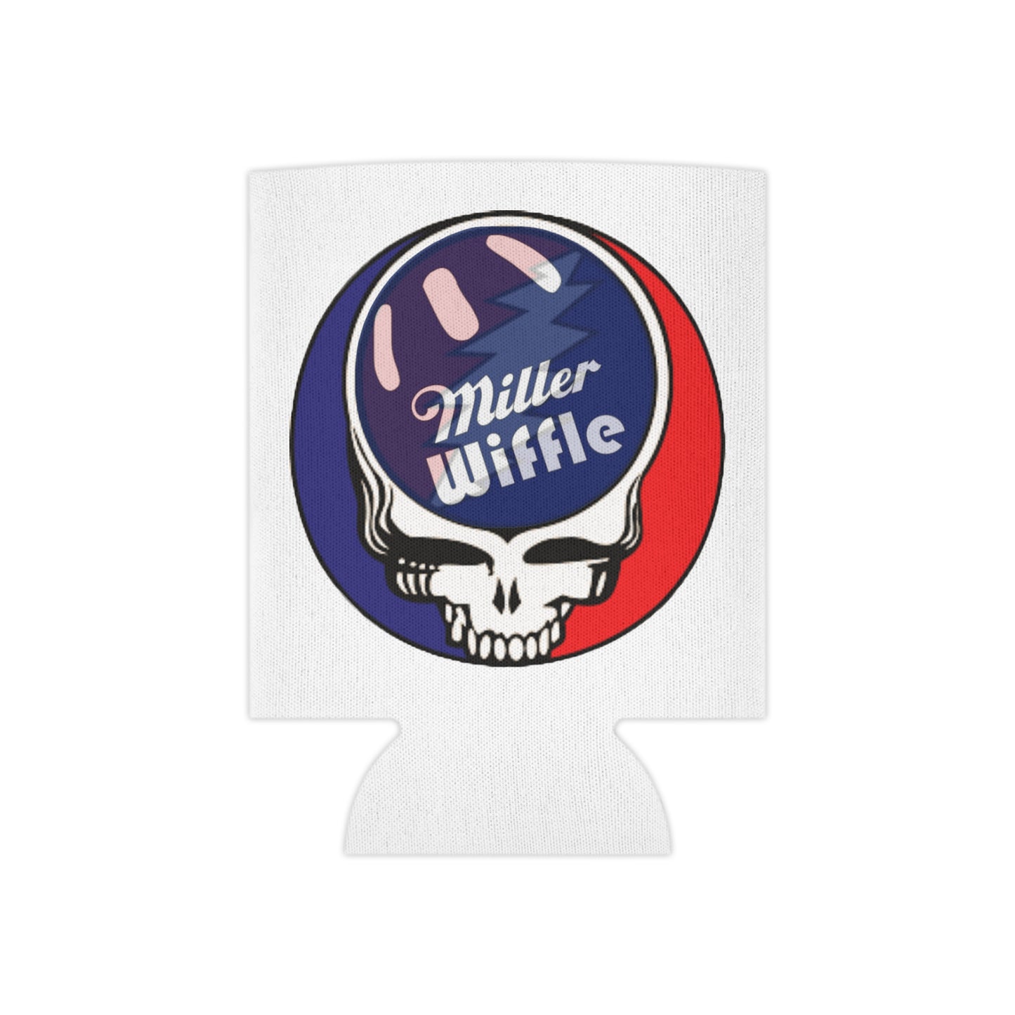 Introducing the Grateful Dead - Miller Wiffel Ball Steely Can Cooler by Printify. This lightweight, white beverage insulator features a stylish design with a stylized skull. The skull is topped with a wiffle ball-like sphere adorned in red, white, and blue, complete with a lightning bolt pattern and the text "Miller Wiffle." Keep your drinks cool in style with this eye-catching can cooler.