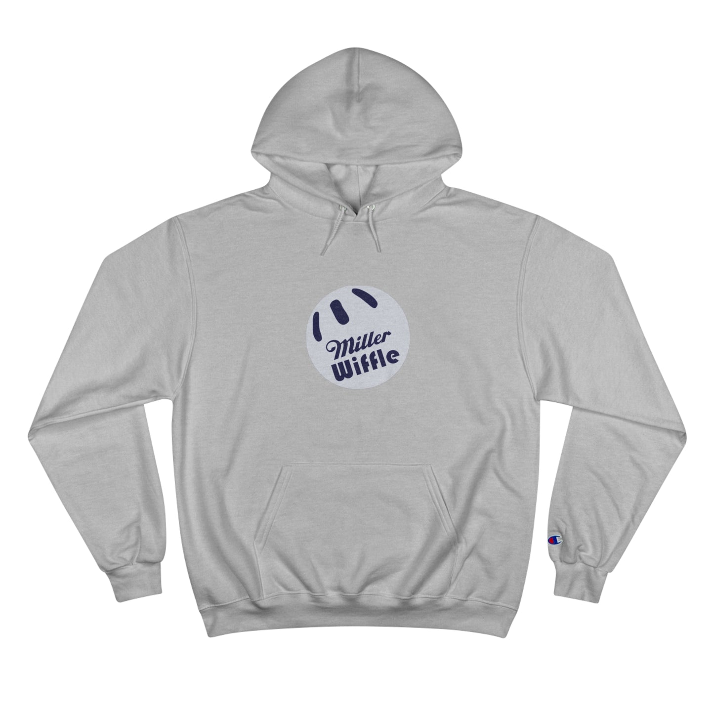 A navy blue Printify Miller Beach Wiffle Ball OG Logo - Sweatshirt, featuring a white wiffle ball graphic on the chest with "Miller Wiffle" in blue beneath it. Made from recycled polyester, this hoodie includes a front pocket, drawstrings, and the Champion logo on the left sleeve. It also offers Double Dry® technology for added comfort.