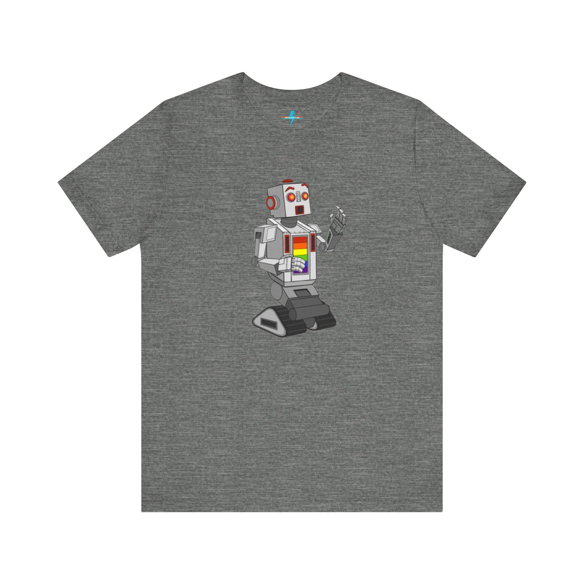 The "Gay Robot - Unisex Jersey Short Sleeve Tee" by Printify is a vibrant orange shirt featuring a retro-style robot graphic. The silver robot, accented with red and inspired by Nick Swardson's Gay Robot t-shirt, sports a colorful chest display. Laid flat against a white background, the design is showcased prominently.