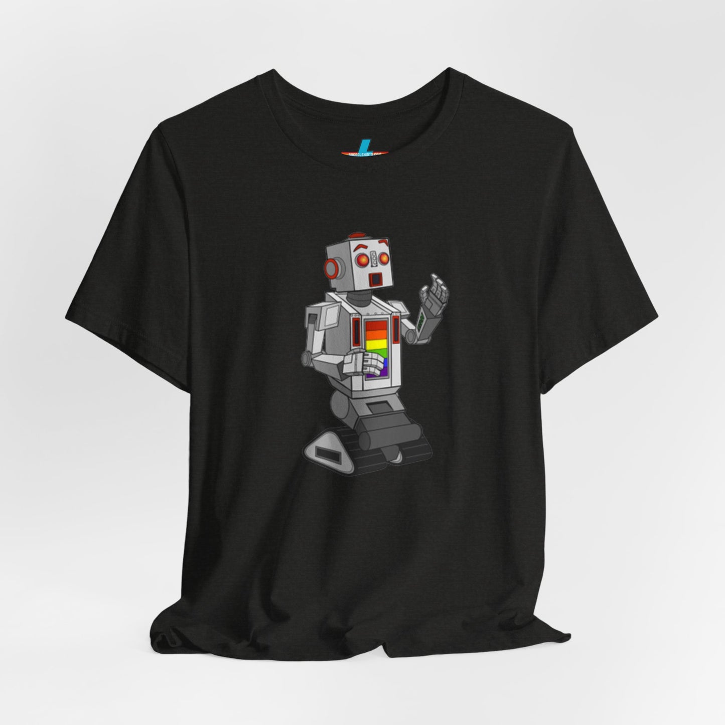 The "Gay Robot - Unisex Jersey Short Sleeve Tee" by Printify is a vibrant orange shirt featuring a retro-style robot graphic. The silver robot, accented with red and inspired by Nick Swardson's Gay Robot t-shirt, sports a colorful chest display. Laid flat against a white background, the design is showcased prominently.