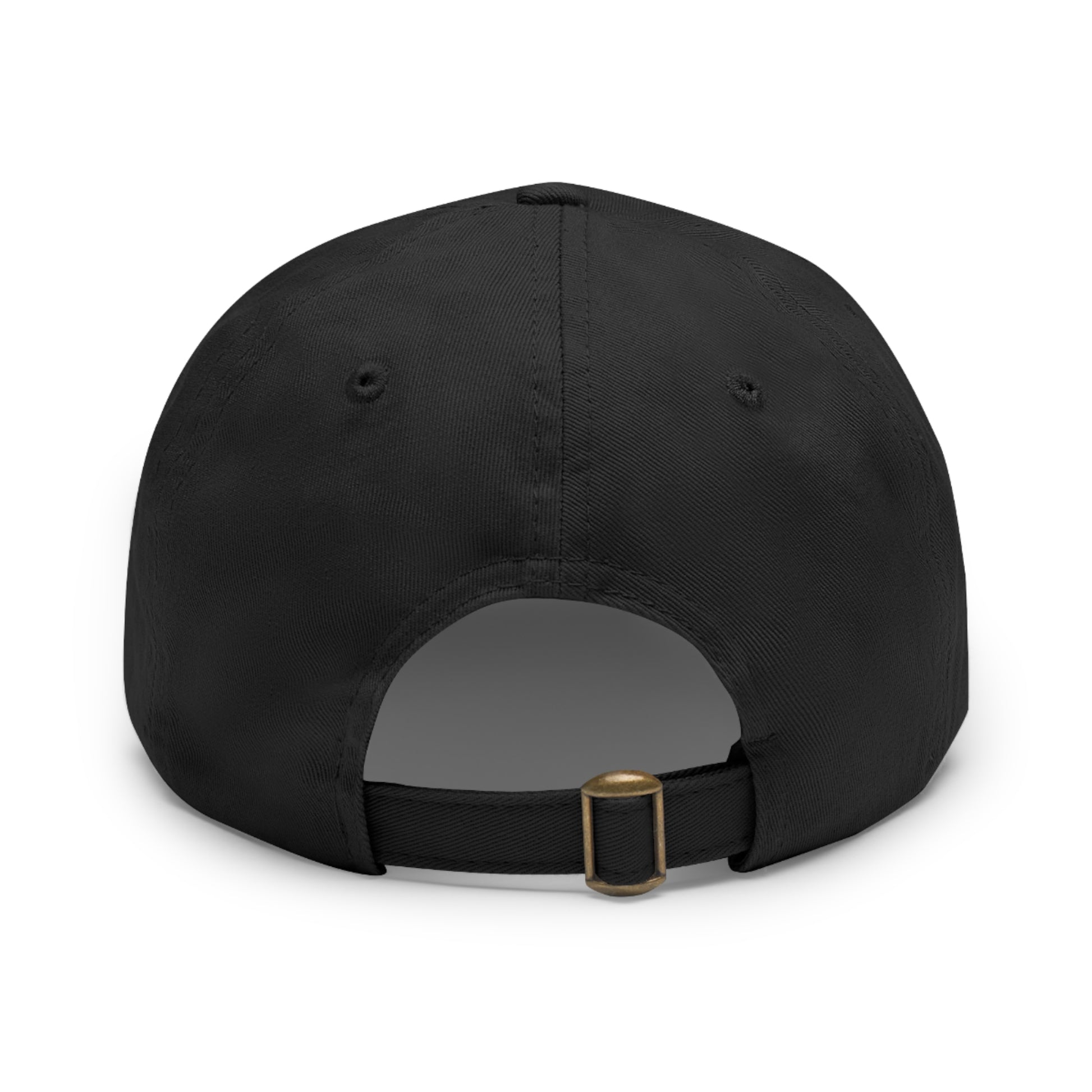 The Printify Dad Hat with Leather Patch (Rectangle) is a black, six-panel low-profile baseball cap made from bio-washed chino twill. This personalized Dad hat features a curved brim, visible stitching details, and a rectangular leather patch on the front that reads "I'm good I'm a pro" in grey text.