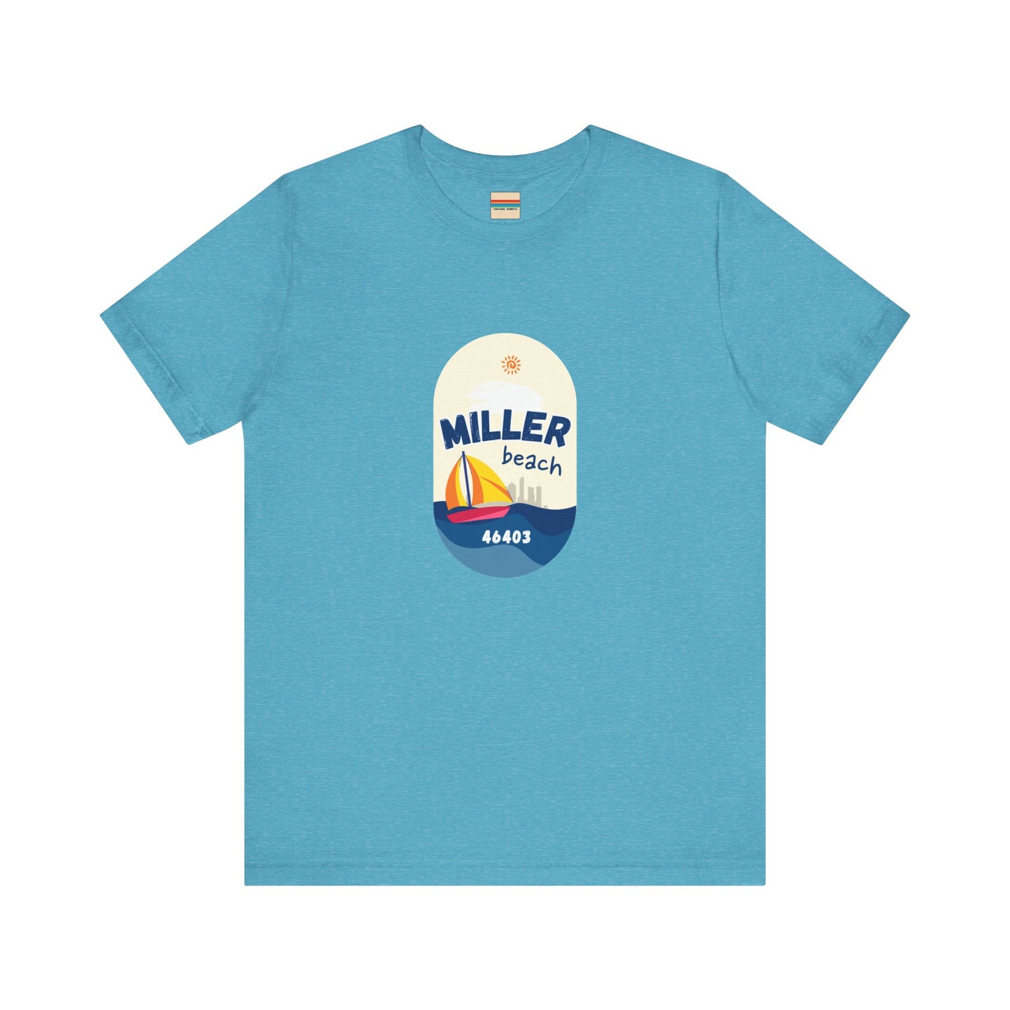 The Miller Beach Sailboat - Unisex Jersey Short Sleeve Tee by Printify features a vibrant graphic design portraying a sailboat on water with a sun above it and the text "MILLER beach 46403." This white retail fit shirt is crafted from soft Airlume combed cotton and showcases rounded graphics in blue, orange, and yellow.