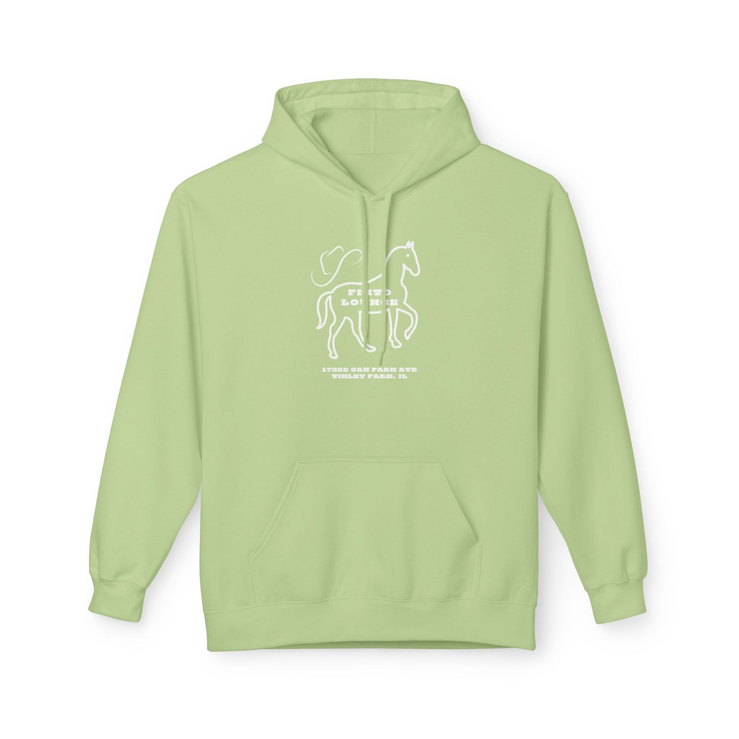 This olive green hoodie from Printify, inspired by the Pinto Lounge - Tinley Park, IL 1980s Softstyle Fleece Hoodie, features a white abstract design with a cat illustration and "NOIR" on the front. Made sustainably, it boasts a front pocket and drawstring hood for stylish comfort.