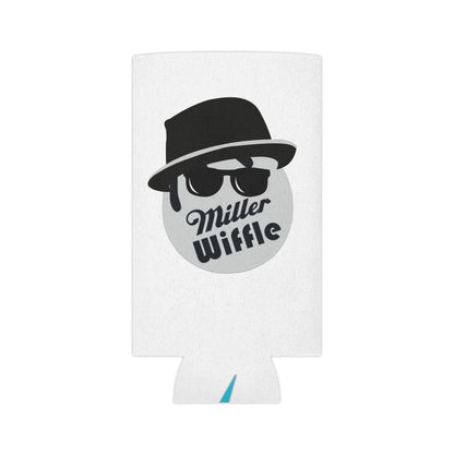 Image of the Printify Miller Wiffle Ball - Blues Brothers Koozie Can Cooler, showcasing a white can koozie with a stylized illustration of a circular face wearing a black fedora and sunglasses, reminiscent of the Blues Brothers, alongside the text "Miller Wiffle." The bottom of the cooler features "SOCOOLSHIRTS.COM" in blue and red.