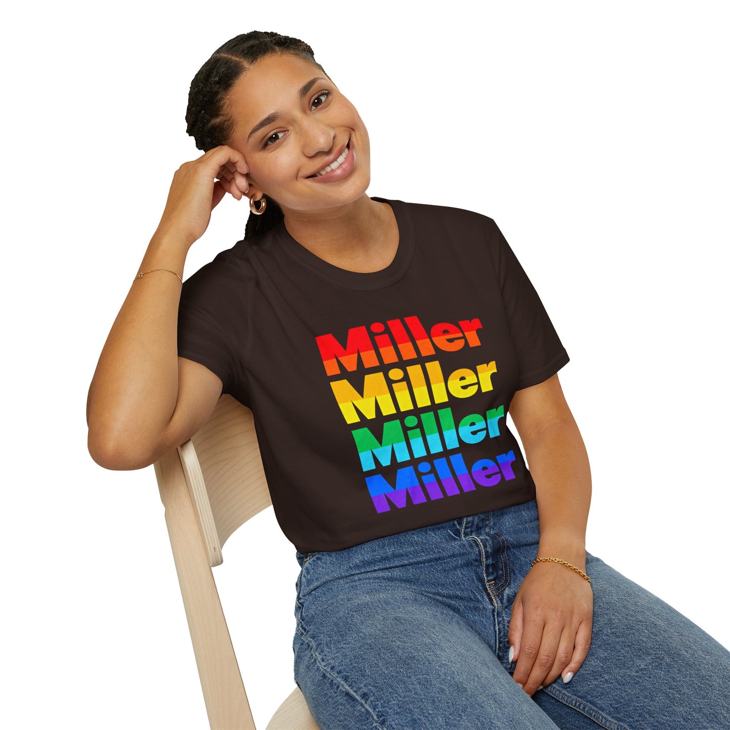 Miller Beach Rainbow Retro Tee — Vintage Stack Name Pride T-Shirt