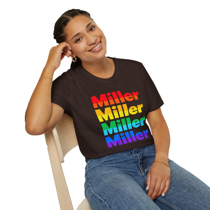 Miller Beach Rainbow Retro Tee — Vintage Stack Name Pride T-Shirt