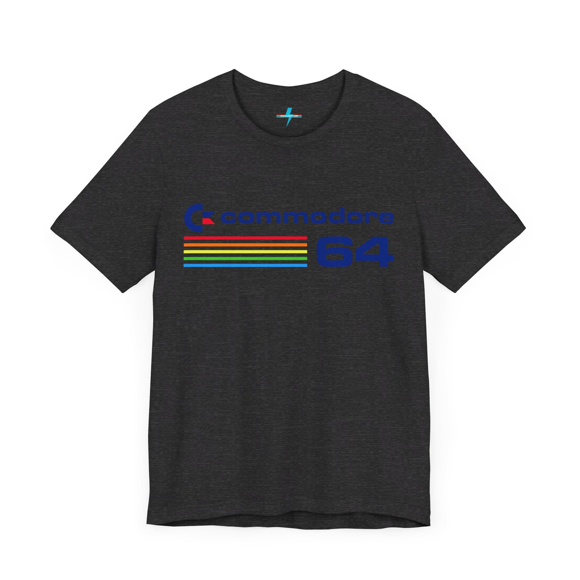 The 1980s Commodore 64 Computer C64 Unisex Jersey Short Sleeve Tee from Printify features a green T-shirt adorned with a vintage design showcasing the text "Commodore 64" and multicolored horizontal lines next to it. The word "Commodore" is emblazoned in blue alongside the Commodore logo, while the number "64" is also highlighted in blue on the right. Ideal for any retro tech enthusiast, this shirt is displayed against a white background.