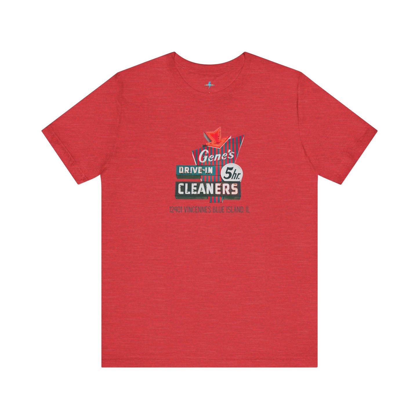 A unisex Jersey short sleeve tee from Printify featuring a light grey color with a retro-style graphic in the center. The design showcases text that reads "Gene's Drive In Cleaners, 5th," along with the address "12401 Vincennes Blue Island IL" in a blend of vintage fonts and colors, evoking the classic Chicago Fire-era vintage sign aesthetic.