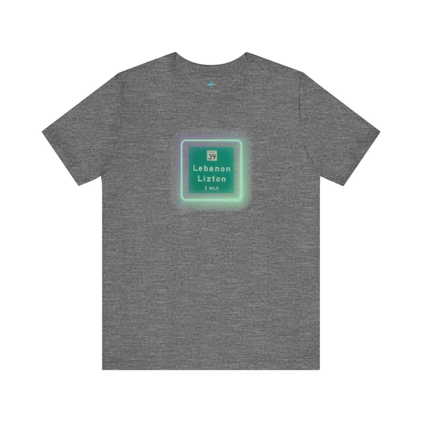 Introducing "The Lebanon Loop - Indiana" unisex jersey short sleeve tee by Printify. This green t-shirt features a graphic of a road sign displaying "39 Lebanon Lizton 1 MILE" within a slightly glowing square frame. It's crafted from 100% Airlume cotton and photographed flat on a white background.