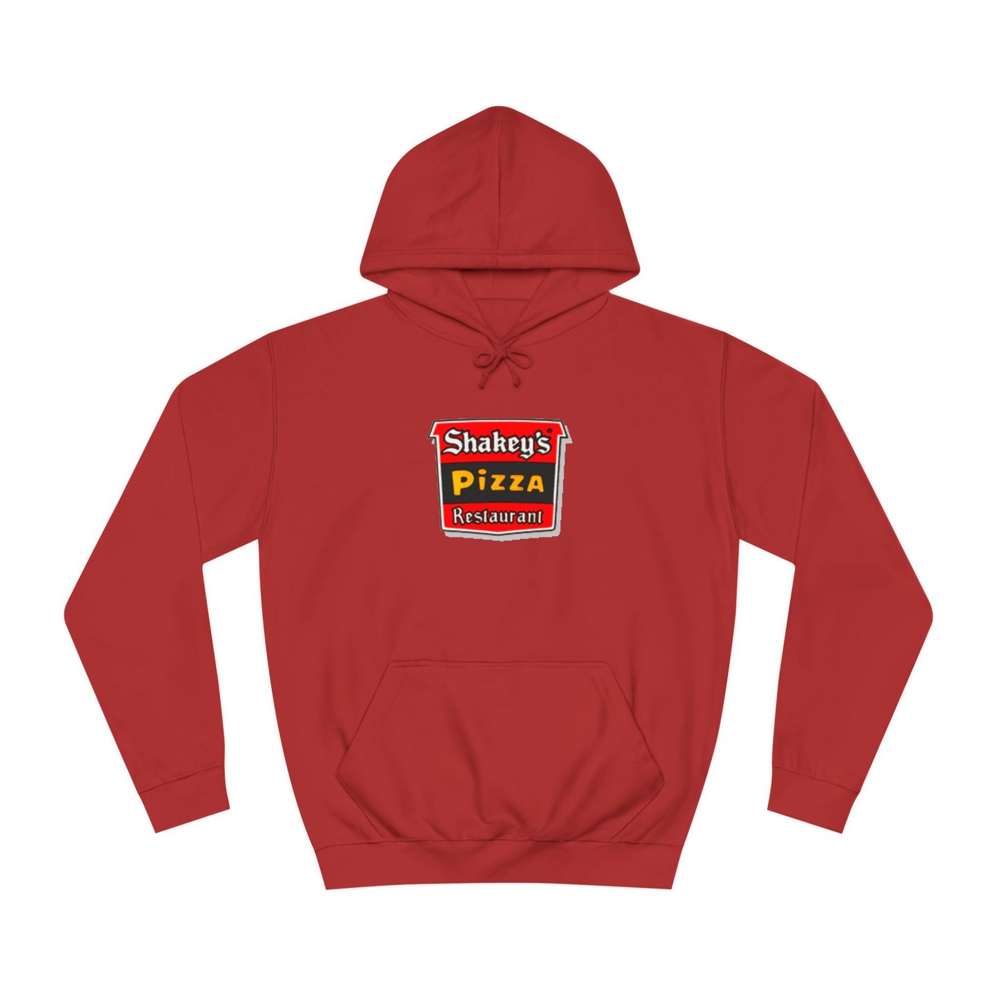 The Shakey's Pizza - 1980s Retro - Unisex Hoodie by Printify showcases a retro-style colorful logo on the front, highlighted with "Shakey's Pizza Restaurant" in bold white lettering against a striking red and black background, offering a vintage feel.