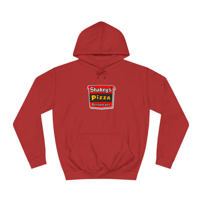 The Shakey's Pizza - 1980s Retro - Unisex Hoodie by Printify showcases a retro-style colorful logo on the front, highlighted with "Shakey's Pizza Restaurant" in bold white lettering against a striking red and black background, offering a vintage feel.