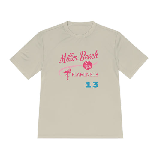 A beige Printify Miller Beach Flamingos - Dudzik 13 Unisex Moisture Wicking Tee with "Miller Beach Flamingos" printed in pink and red across the chest. The design features a flamingo icon, a volleyball, and the number 13 in blue. This lightweight moisture-wicking shirt is perfect for custom sports shirts and active lifestyles.