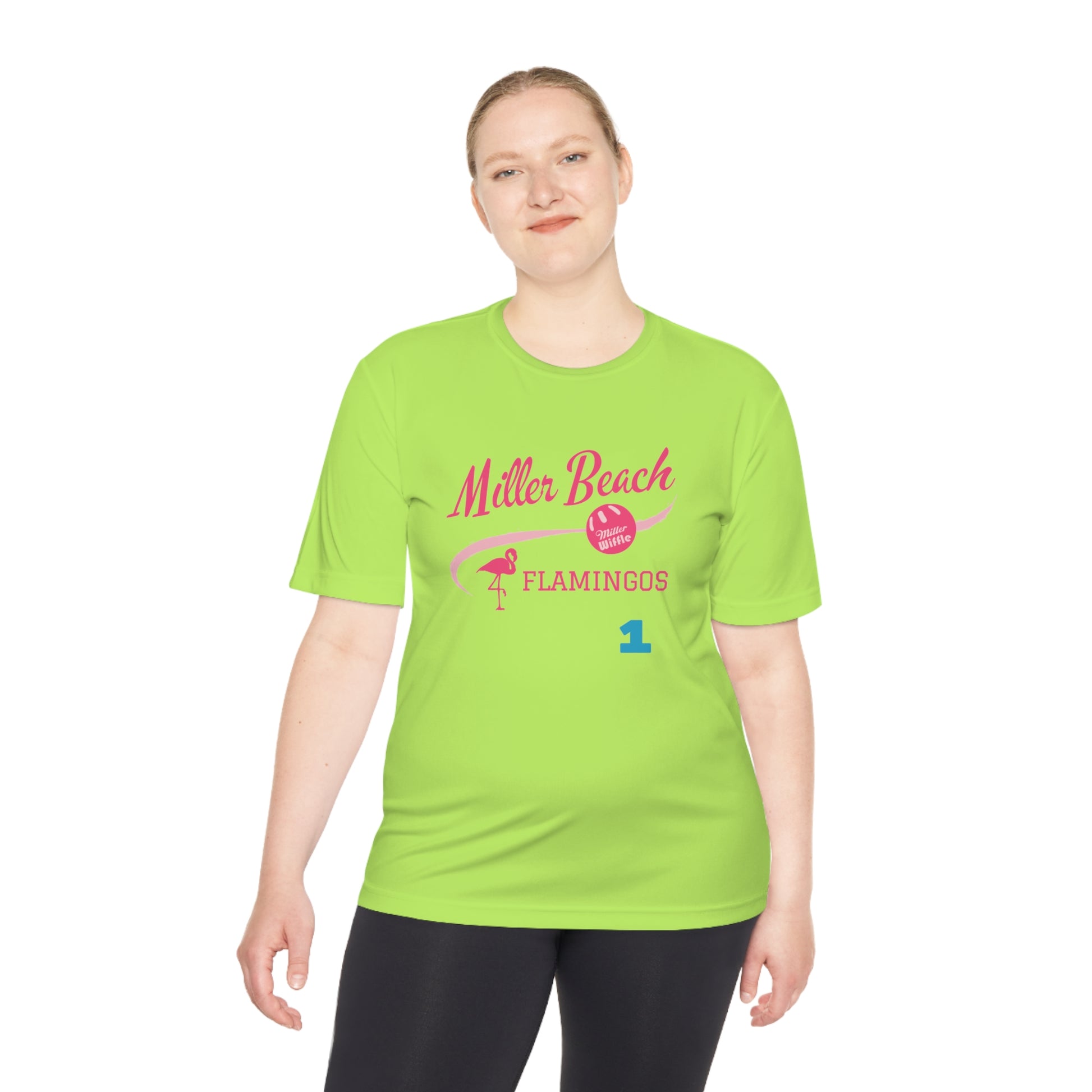 Introducing the "Miller Beach Flamingos - Jackson 01" Unisex Moisture Wicking Tee by Printify. This beige T-shirt showcases "Miller Beach" in a pink cursive font accompanied by a small pink flamingo illustration. Below, "FLAMINGOS" is displayed in bold pink capital letters, with a blue "01" on the bottom right corner. As part of the Sport-Tek PosiCharge Competitor collection, this lightweight shirt provides superior moisture-wicking performance.