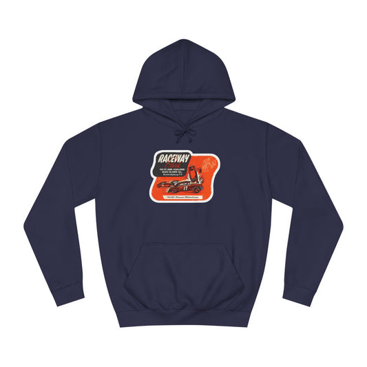 Introducing the Printify Raceway Park - Blue Island Retro Unisex College Hoodie: a navy blue masterpiece perfect for car enthusiasts. This retro-styled piece showcases a vintage graphic featuring a racing car and bold "Raceway" text in red and white, reminiscent of Blue Island's iconic racing heritage.