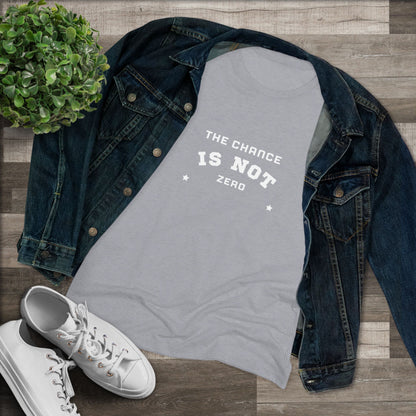 Printify's dark gray "The Chance is Not Zero - Women's Triblend Tee," made from a premium triple fabric blend, showcases inspiring text in white on the front, flanked by two small stars. It’s perfect as a daily motivational reminder.