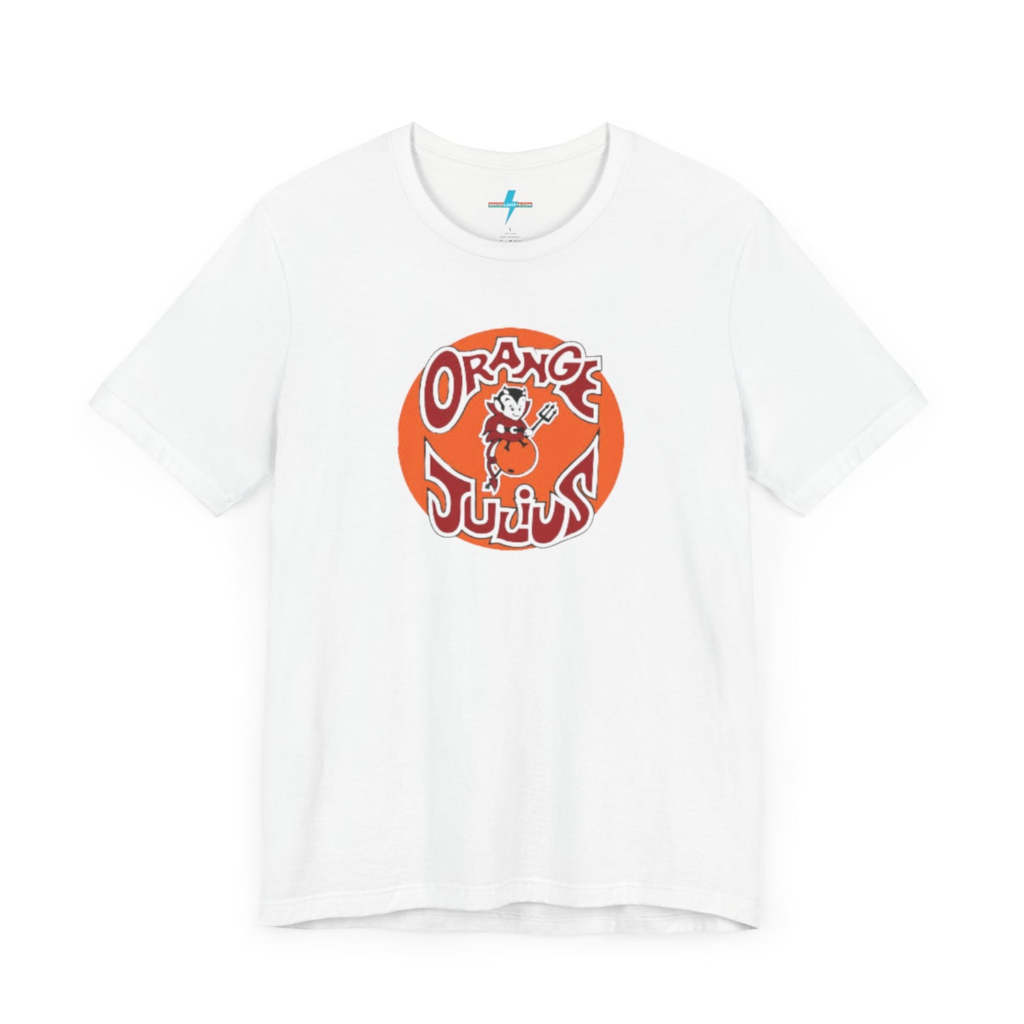 The Orange Julius 1980's Logo Unisex Jersey Style T-Shirt from Printify boasts a light gray color and features a vintage-style graphic. The design showcases the text "Orange Julius" in a stylized font within an orange circle, along with a small cartoon character holding a drink at the center—a nostalgic nod to timeless refreshment.