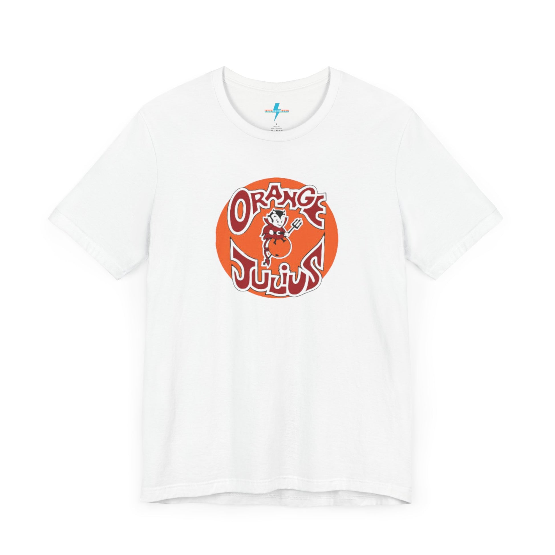 The Orange Julius 1980's Logo Unisex Jersey Style T-Shirt from Printify boasts a light gray color and features a vintage-style graphic. The design showcases the text "Orange Julius" in a stylized font within an orange circle, along with a small cartoon character holding a drink at the center—a nostalgic nod to timeless refreshment.