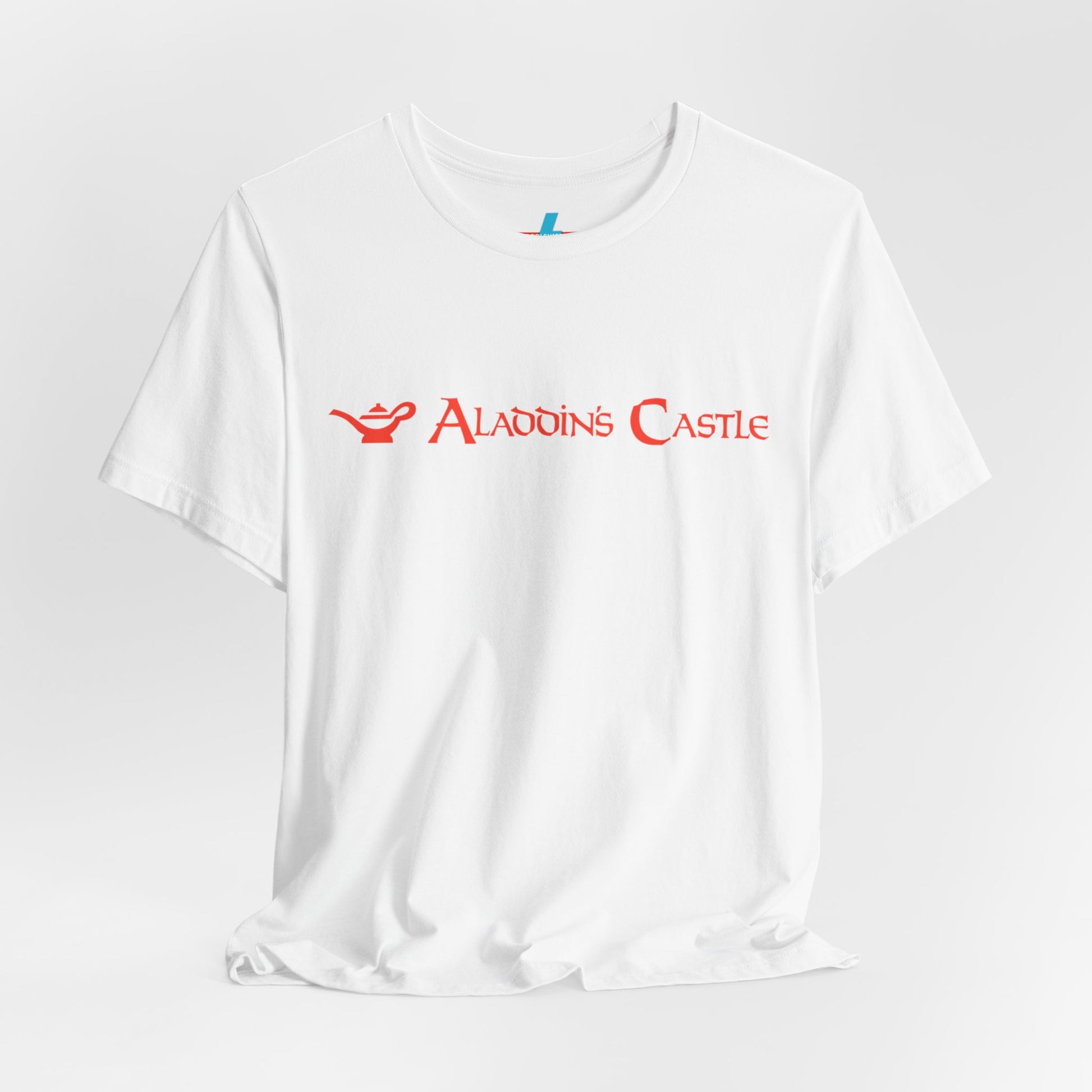 Introducing the Aladdin's Castle Arcade 1980s Unisex Jersey Short Sleeve Tee by Printify. This dark grey heather T-shirt features "ALADDIN'S CASTLE" emblazoned in bright red font across the chest, with a small silhouette of Aladdin's magic lamp to the left of the text. Perfect for fans of retro design or Aladdin’s Castle Arcade, and available exclusively from SoCool Shirts.