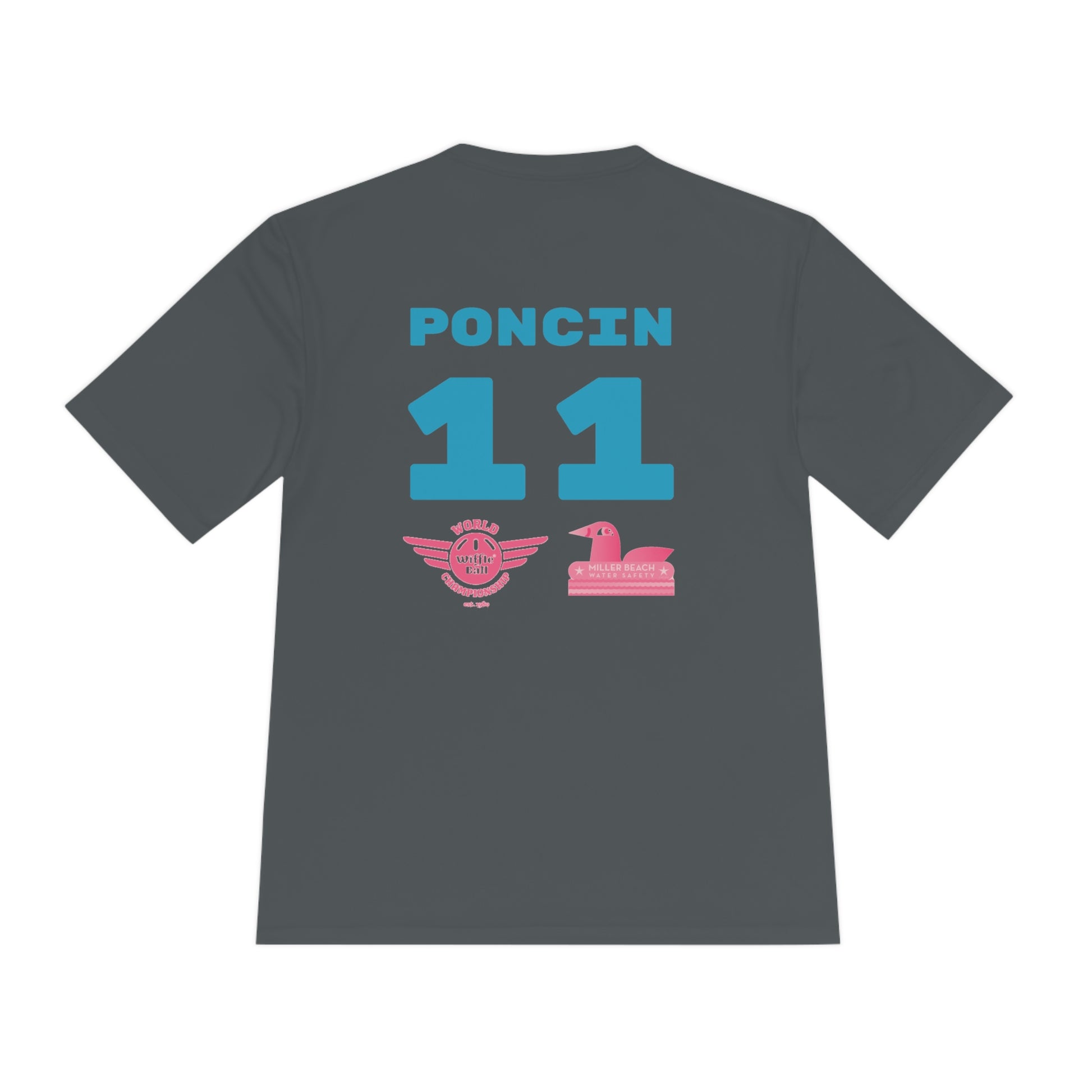 The Miller Beach Flamingos - Poncin 11 Unisex Moisture Wicking Tee by Printify features a beige shirt with "Miller Beach" in pink script, accompanied by a small illustration of a flamingo and volleyball. Below this design, the word "FLAMINGOS" is displayed in pink, with the number "11" appearing in blue near the bottom. Made from Sport-Tek PosiCharge Competitor Tee fabric, this custom moisture-wicking shirt ensures you stay cool and stylish.